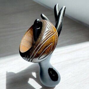 Vintage Carved Dark Brown Wood Wide Bangle Bracelet Boho Style